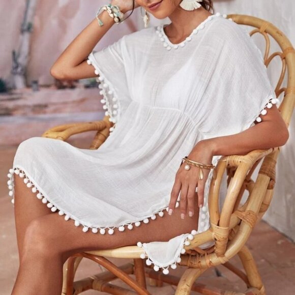 SHEER BOHO POM POM SWIM COVER UP - Picture 1 of 6